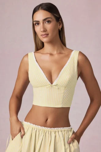 Magda crop top med rosettdetalj i citrongula ränder