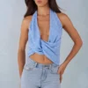 Maraya Deep Plunge Halterneck Top i blått prickmönster