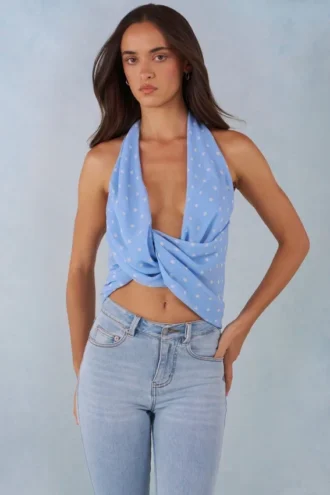 Maraya Deep Plunge Halterneck Top i blått prickmönster