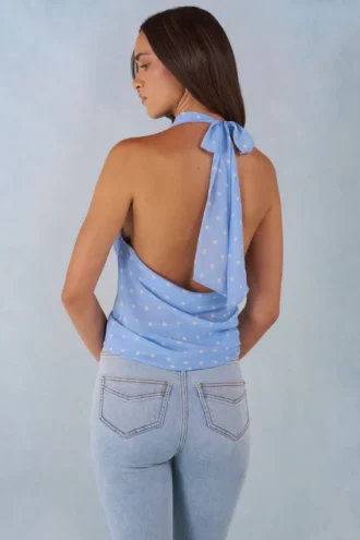 Maraya Deep Plunge Halterneck Top i blått prickmönster