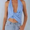 Maraya Deep Plunge Halterneck Top i blått prickmönster