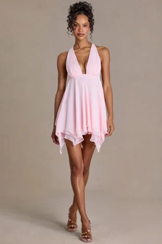Mariette Premium Chiffon Plunge-Neck Open-Back Miniklänning i Baby Pink