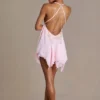 Mariette Premium Chiffon Plunge-Neck Open-Back Miniklänning i Baby Pink