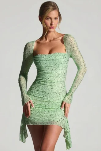 Marilla miniklänning med draperad cowl-hals och dekorationer i färgen Pistachio