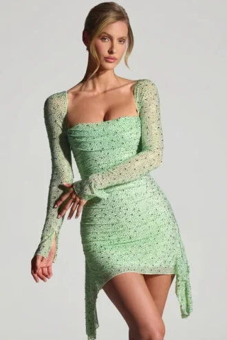 Marilla miniklänning med draperad cowl-hals och dekorationer i färgen Pistachio