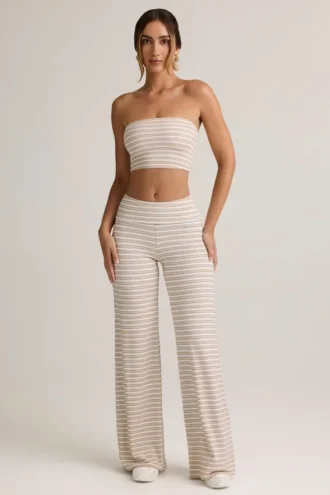 Melida Modal Foldover Wide-Leg Trousers i rosa och gula ränder