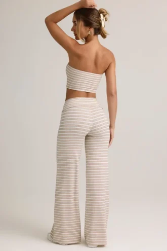 Melida Modal Foldover Wide-Leg Trousers i rosa och gula ränder