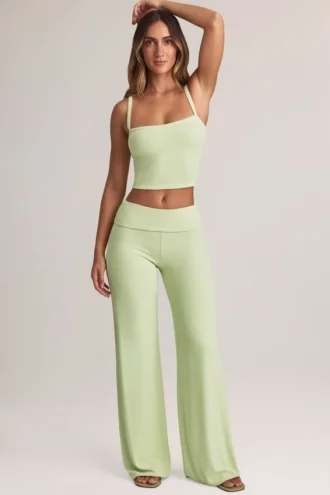Melida Modal Foldover Wide-Leg Trousers i salviagrön