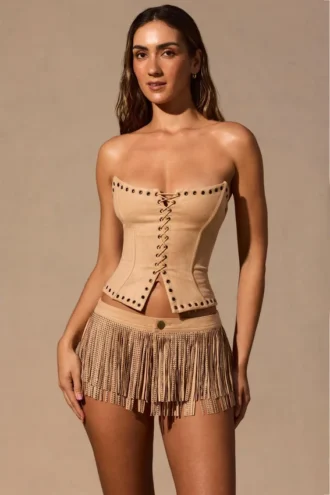 Meliora fransede mini-shorts i tan