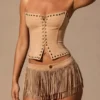 Meliora fransede mini-shorts i tan