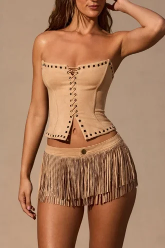 Meliora fransede mini-shorts i tan
