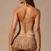 Meliora fransede mini-shorts i tan