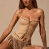 Meliora fransede mini-shorts i tan