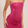 Mellie Embellished Draped Strapless A-Line Miniklänning i Hot Pink