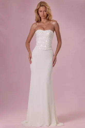 Melora Embellished Corset Strapless Gown i Ivory