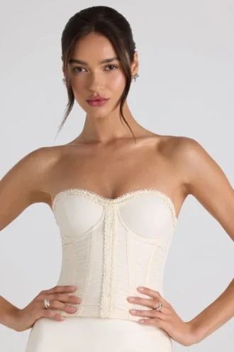 Melvina Ruched Lace-Up Strapless Corset Top i ivory