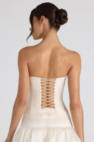 Melvina Ruched Lace-Up Strapless Corset Top i ivory