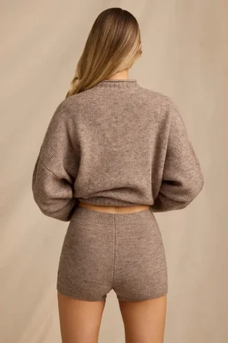 Mid-Rise Knit Mini Shorts i Brown Marl