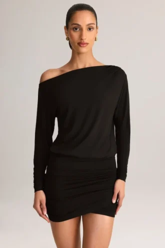 Mira Modal Off-Shoulder Wrap Miniklänning i svart