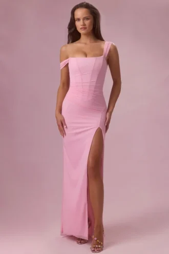 Naelle Mesh Draped Corset Gown i Candyfloss Pink