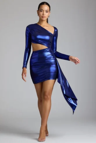Nasira Cut Out Metallic Jersey Miniklänning i Electric Blue