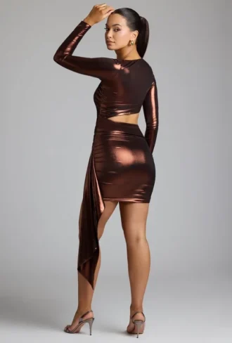 Nasira Cut Out Metallic Jersey Miniklänning i kopparbrons