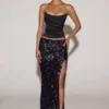 Nevara Embellished Mid-Rise Thigh-Split Maxi Kjol i svartlila