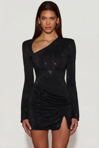 Nevina Asymmetrisk bodycon-miniklänning med dekorationer i svart