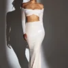 Adele Velvet Off-Shoulder Ruched Crop Top i ivory