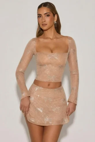 Nolene Embellished Mid-Rise A-Line Mini Kjolar i Almond