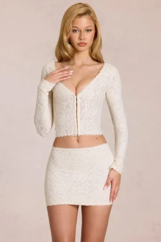 Odelia Lace Plunge Cardigan  i elfenben