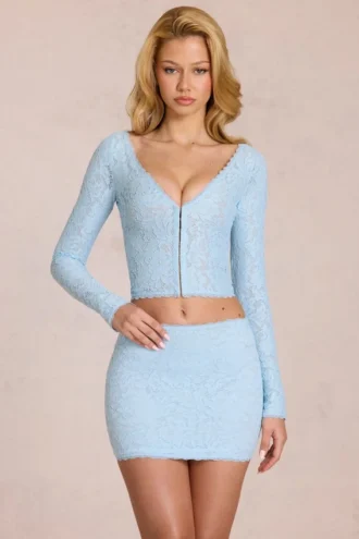 Odelia Lace Plunge Cardigan  i Powder Blue