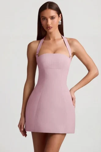 Odessa Pinstripe Halterneck Structured A-Line Miniklänning i Mauve