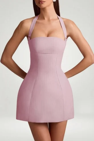 Odessa Pinstripe Halterneck Structured A-Line Miniklänning i Mauve