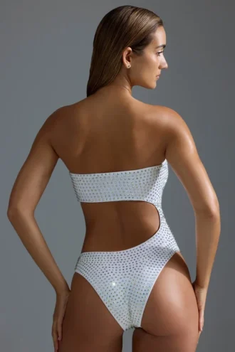 Oh Polly Swim: HOTFIX Edition Embellished Cut-Out Cheeky One-Piece Baddräkt i vitt
