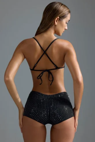 Oh Polly Swim: HOTFIX Edition Embellished Micro Bikini Top i svart