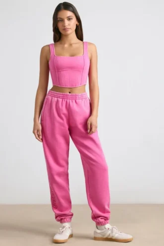 Oversized joggingbyxor i borstad jersey i hot pink