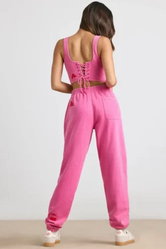 Oversized joggingbyxor i borstad jersey i hot pink
