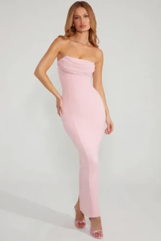 Palermo Maxiklänning med bandeau-top och cowl-hals i rosa
