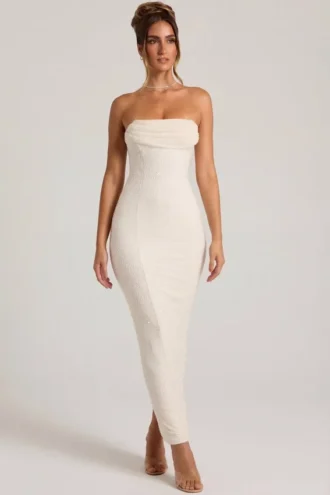 Palermo utsmyckad bandeau-maxiklänning med cowl neck i vitt