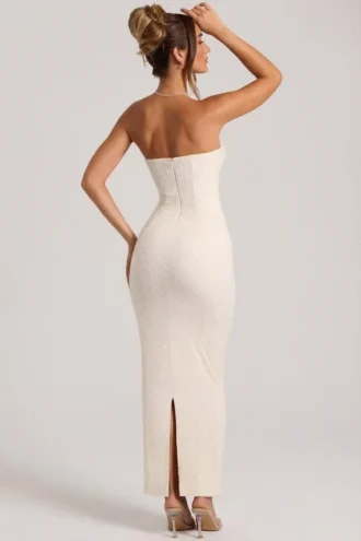 Palermo utsmyckad bandeau-maxiklänning med cowl neck i vitt
