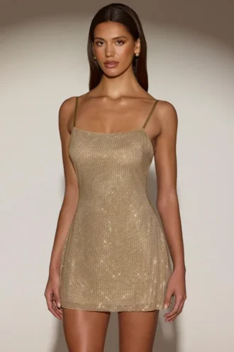 Philomena Embellished Soft-Scoop Backless Fitted Miniklänning i guld