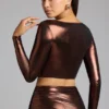 Rana crop top i metalliskt jersey med djup urringning i kopparbrons