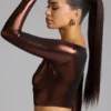 Rana crop top i metalliskt jersey med djup urringning i kopparbrons