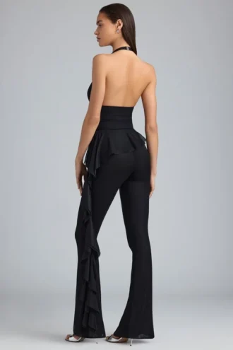 Reese Metallic Ruffle Low-Rise Flared Trousers i svart
