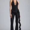 Reese Metallic Ruffle Low-Rise Flared Trousers i svart