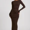 Regine Modal Ruched Backless Maxiklänning i chokladbrunt