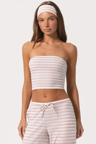 Ribbad jersey-bandeau-top i rosa randigt