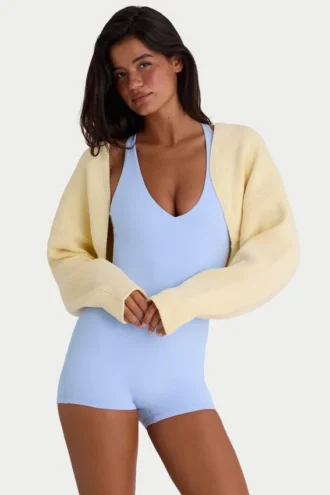 Ribbstickad kort bolero i citrongult
