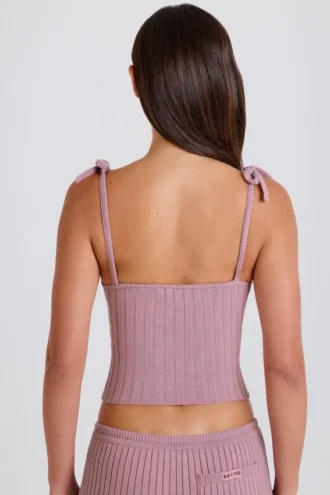 Ribbstickad linne med knytning i mauve